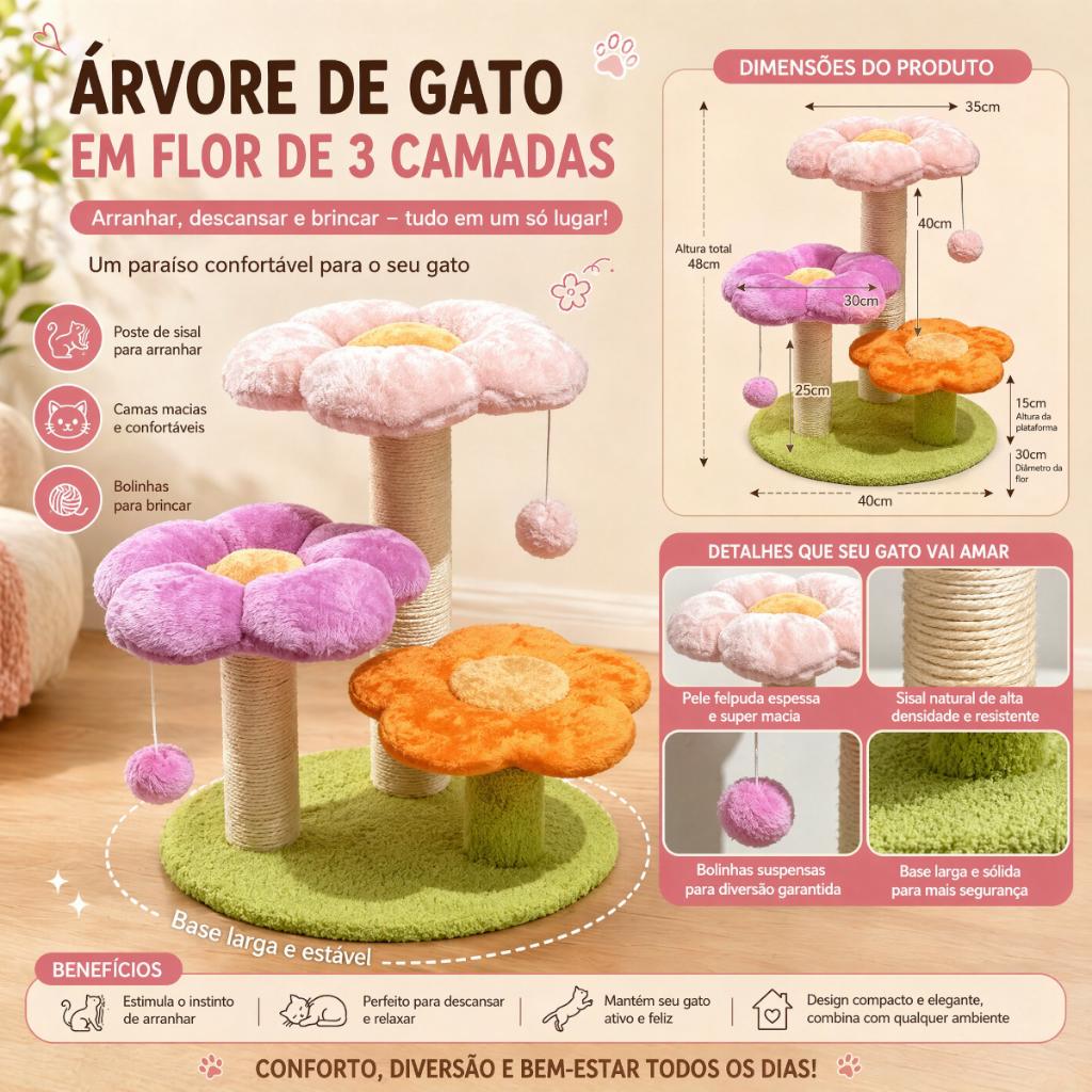 Newpet-Arranhador Multinível Formato de Flor Colorido, Playground Aconchegante para Gatos de Todos os Tamanhos