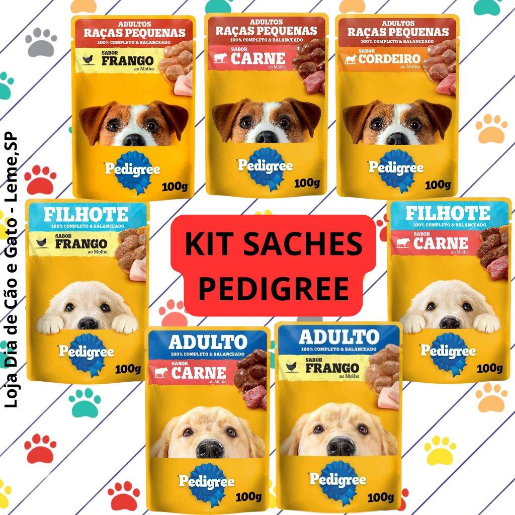 Kit 5 a 25 Sachês de PEDIGREE 100g - Filhotes e Adultos, raças pequenas e médias no sabor cordeiro, frango e carne