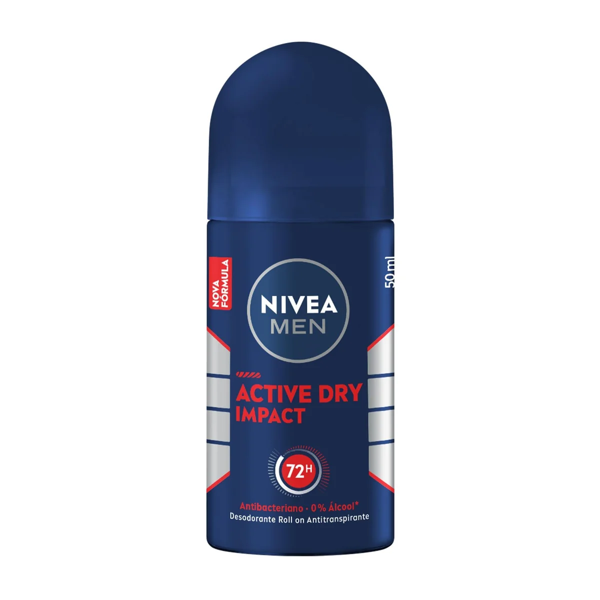 NIVEA MEN Desodorante Antitranspirante Roll On Masculino Dry Impact - Proteção prolongada de 72h, dupla proteção antitranspirante, proteção extra seca, sem alumínio, corantes e conservantes - 50ml