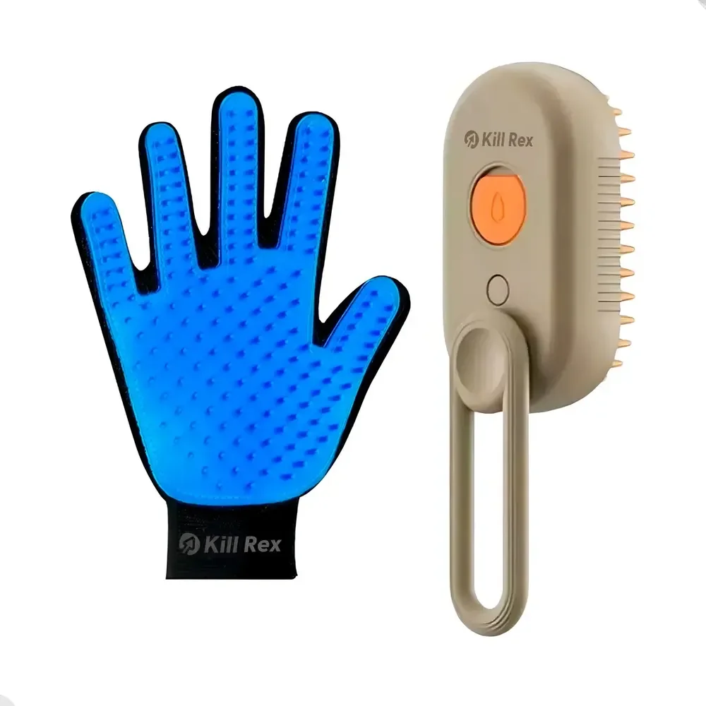 Kit Escova A Vapor Pet + Luva Rasqueadeira Tira Pelos Cachorro Cães Gato Removedor De Subpelo Escova Massageadora Banho