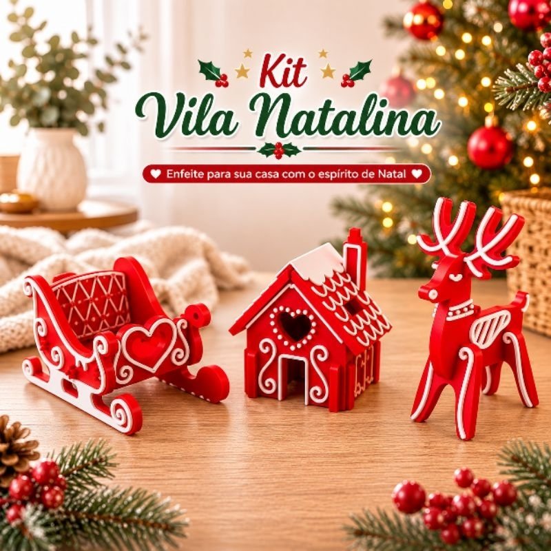 Kit Vila Natalina Decorativa 3 Peças Trenó, Casinha e Rena Enfeite de Natal decoração de casa | Shopee Brasil