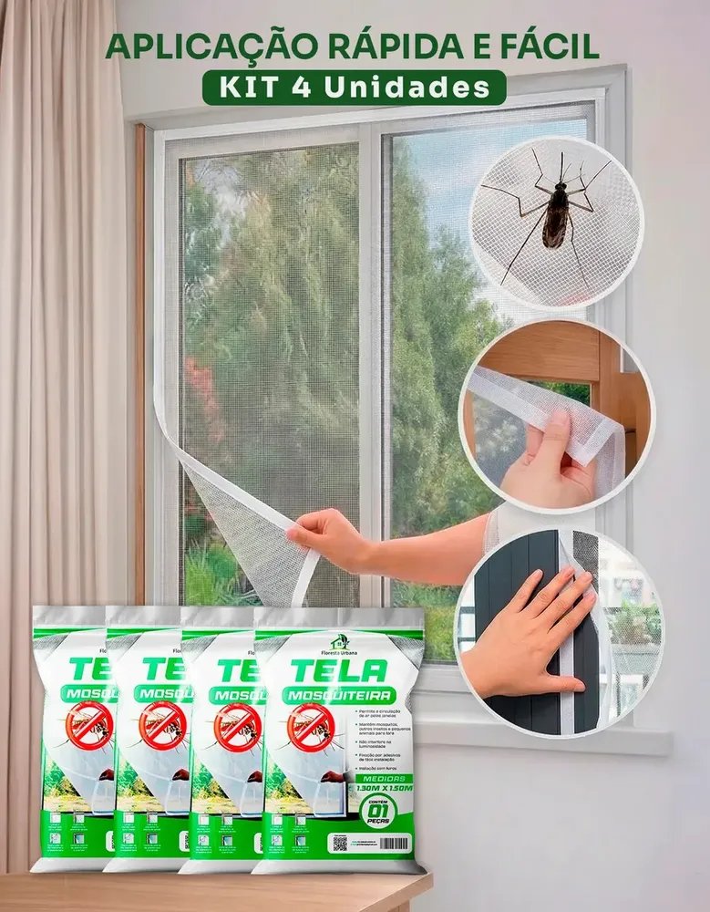 Kit 4 Telas Mosquiteira Janela Anti-inseto Para Mosquito Proteção Janela Porta Com Velcro Ajustável 130x150 Floresta Urbana
