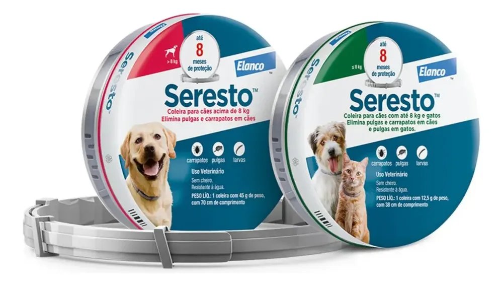 Kit Coleira Seresto Anti Pulgas 1 Ate 8 Kg + 1 Acima De 8 Kg