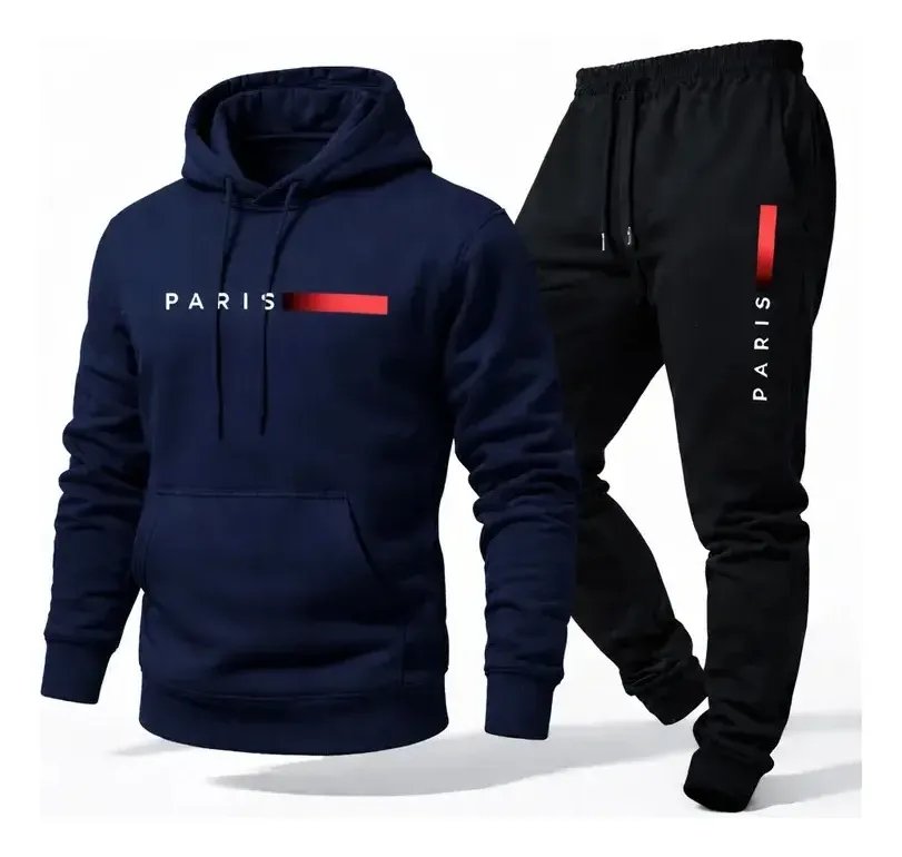 Conjunto Moletom Calça Unissex Paris Canguru Casaco Frio P Azul-marinho