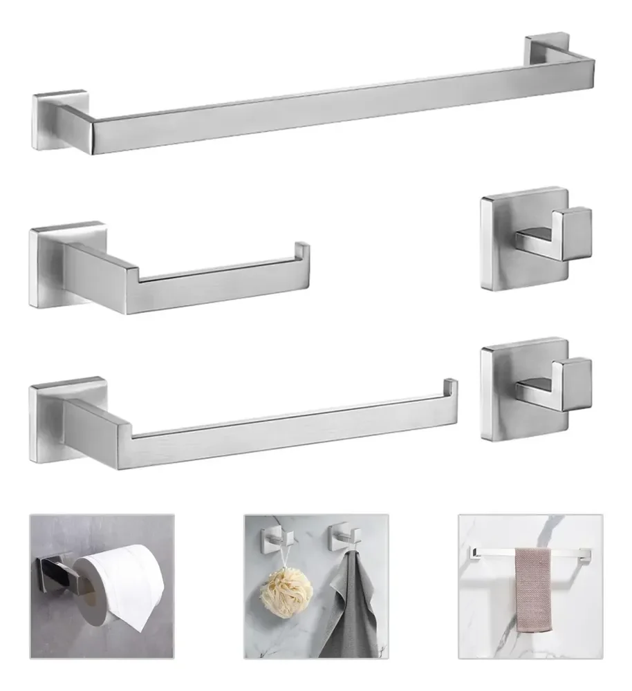 Kit 5 Conjunto Acessorios Suporte Banheiro Lavabo Inox 304 Prateado