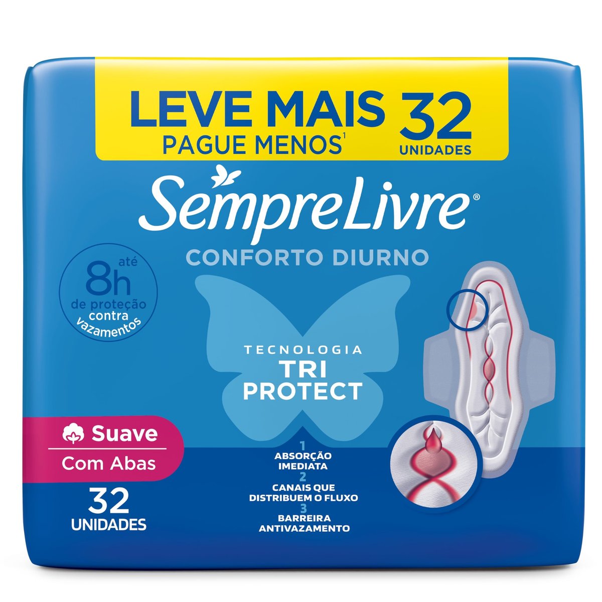 Absorvente Diurno com Abas Sempre Livre, Cobertura Suave, 32 Unidades