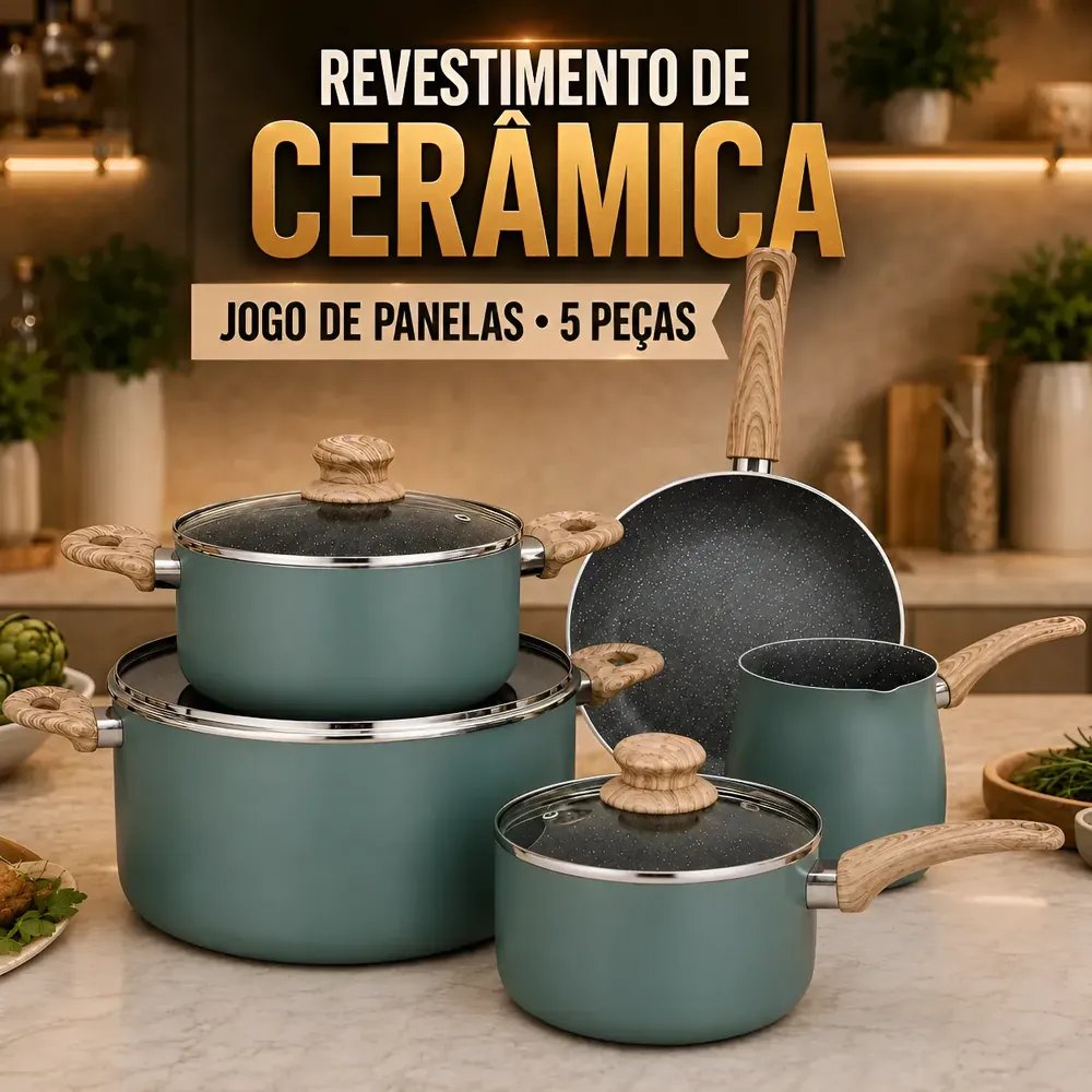 Jogo De Panelas 5 Peças Antiaderente Cerâmica Indução Gás Verde-escuro