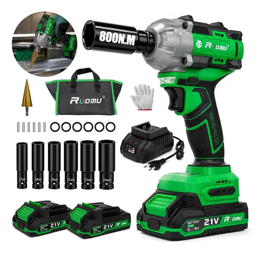 Chave De Impacto 800 N·m Brushless 1/2" 21v 2 Bateria furadeira de impacto
