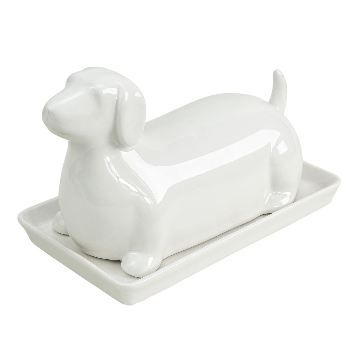 Colias Wing Prato de manteiga de cerâmica em forma de dachshund 3d com tampa, bandeja de manteiga para bancada de cozinha, padrão de dachshund, protetor de crock de manteiga