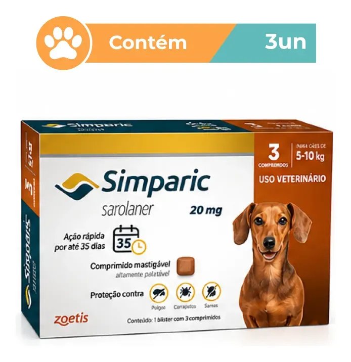 Simparic 20mg Antipulgas Cães 5 A 10kg 3 Comprimidos Zoetis