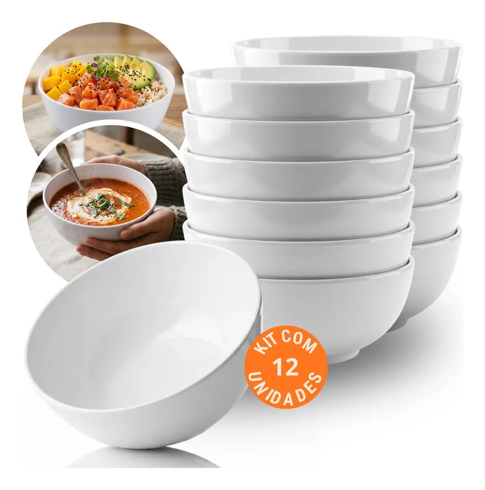 Kit 12 Bowl Grande 715ml Cumbuca Tigela Melamina Resistente Branco