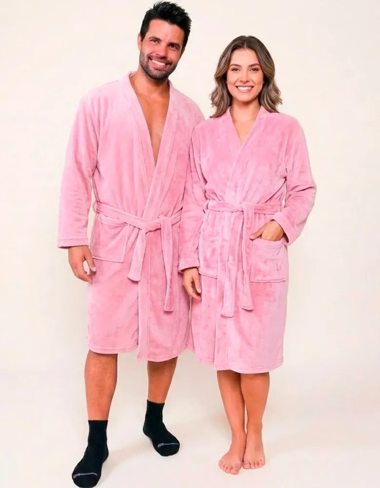Roupão Microfibra Benévola Manga Longa Fleece Flanel Inverno Rosê Liso M