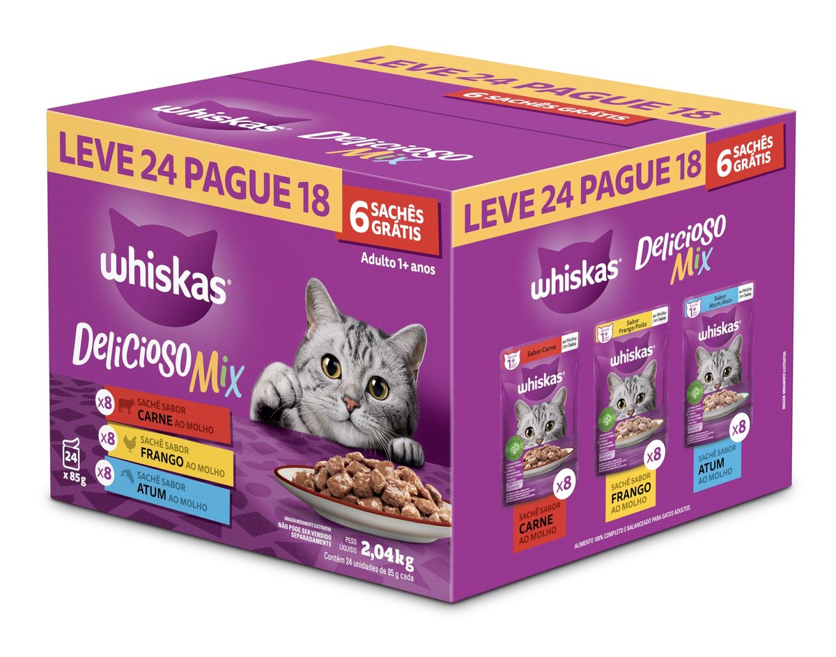 Pack Ração Úmida Whiskas Sachê Carne/Frango/Atum para Gatos Adultos - Leve 24 Pague 18
