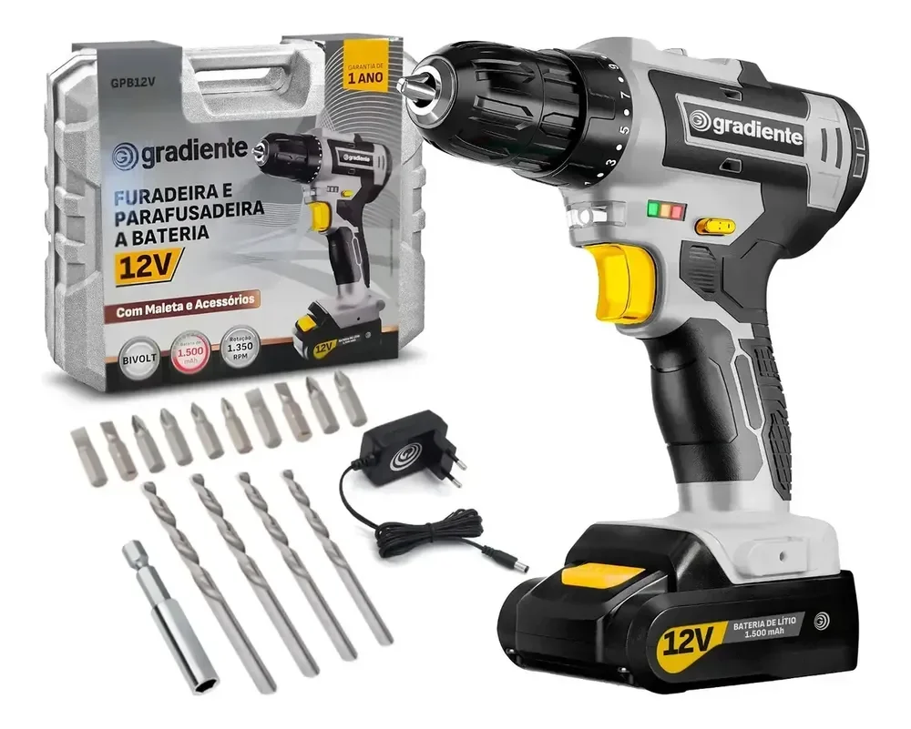 Parafusadeira Furadeira Gradiente GPB12V 3/8 a Bateria Cor Cinza Frequência 60Hz