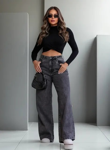 Calça Jeans Feminina Wide Leg Pantalona  100% Algodão