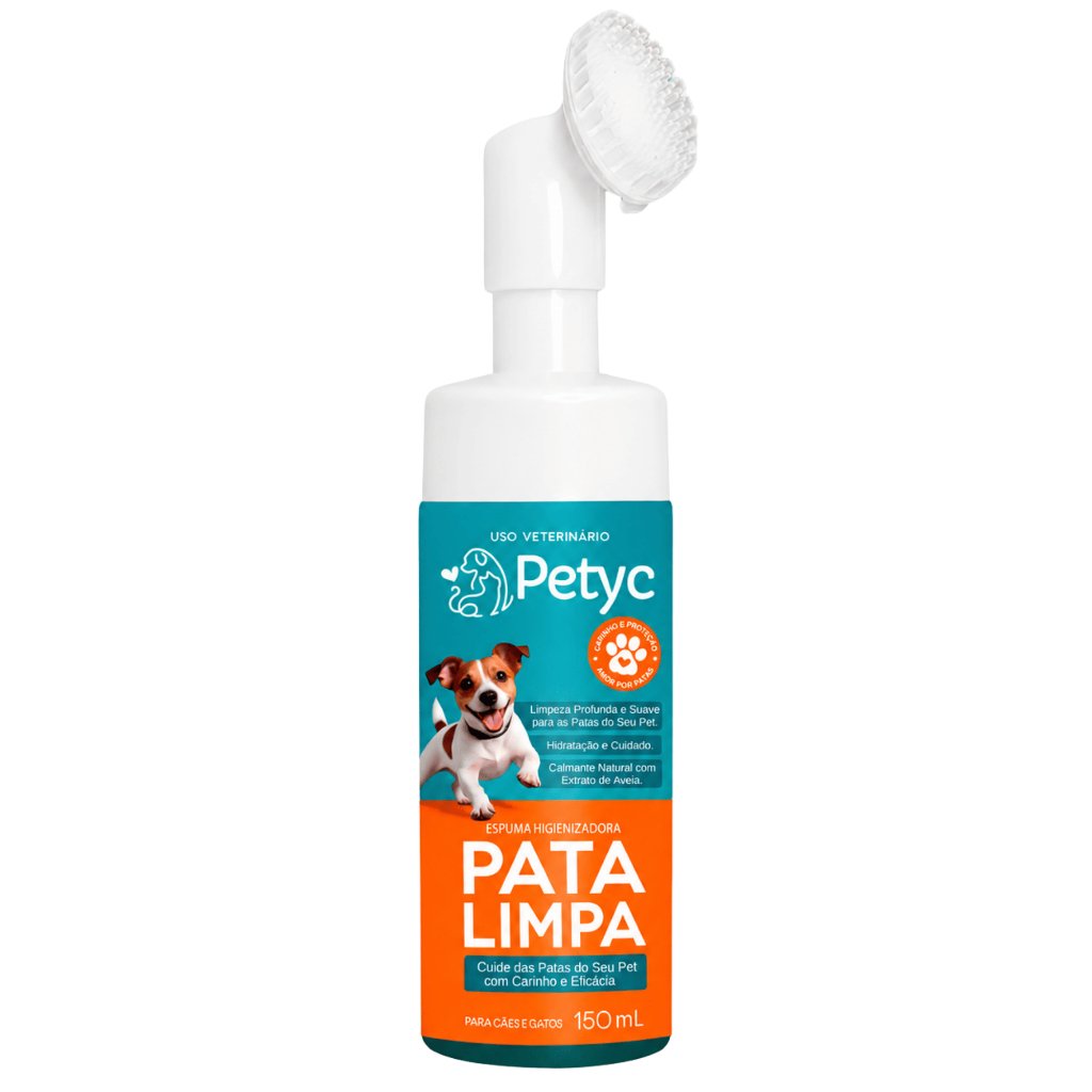 Limpa Patas Petyc 150ml Cães Gatos Espuma Higienizadora Sem Enxágue Escova Massageadora Hipoalergênico Aloe Vera