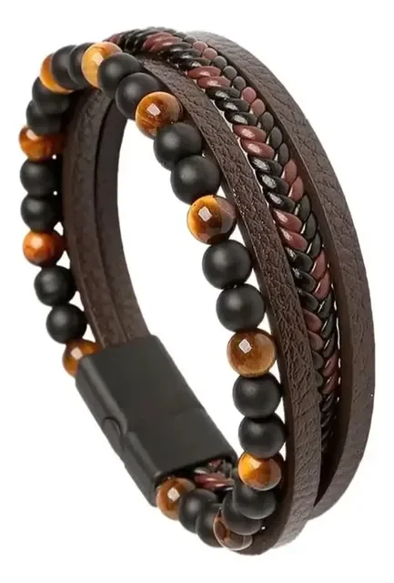 Pulseira Masculina De Couro Preto Trançado Com Várias Camada