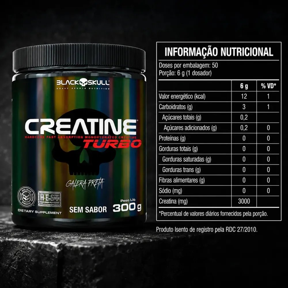 Creatine Turbo sem sabor 300g Suplemento em Pó Black Skull