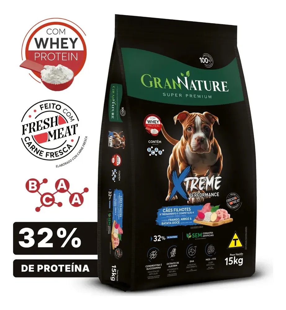 Ração Whey Protein Grannature Xtreme Alta Performance 32% Proteína para Cães Filhote raças Médio E Grande Porte Alimento Seco Sabor Frango Super Premium Com Bcaa Sem Corantes Saúde Articular 15kg
