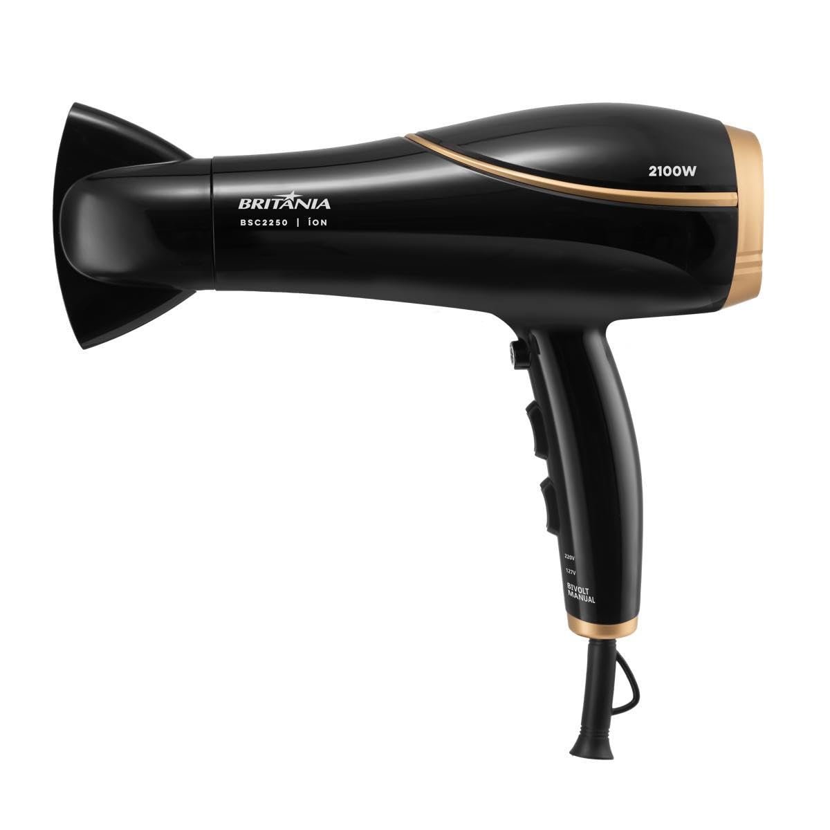 Britânia Secador de Cabelos Bivolt 2100W BSC2250 Bivolt Tecnologia de turmalina Plástico Preto com Dourado