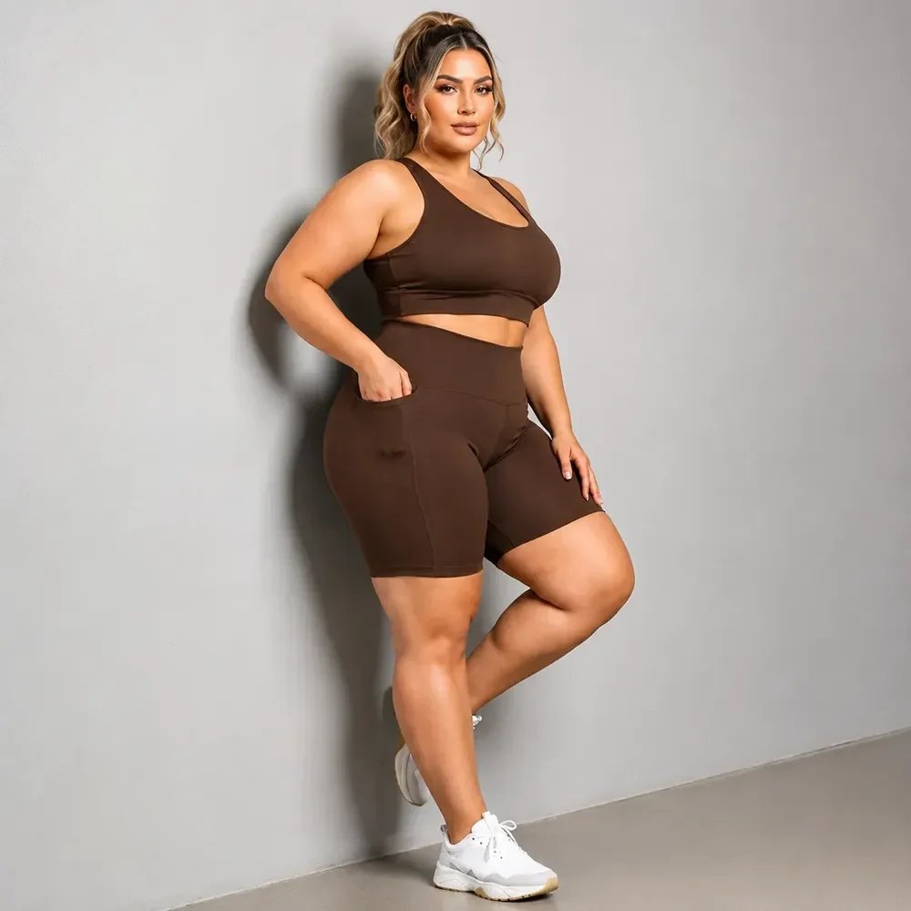 Conjunto Plus Size Kit Top E Bermuda Bolso Academia Fitness Marrom Lisa G4 52/54