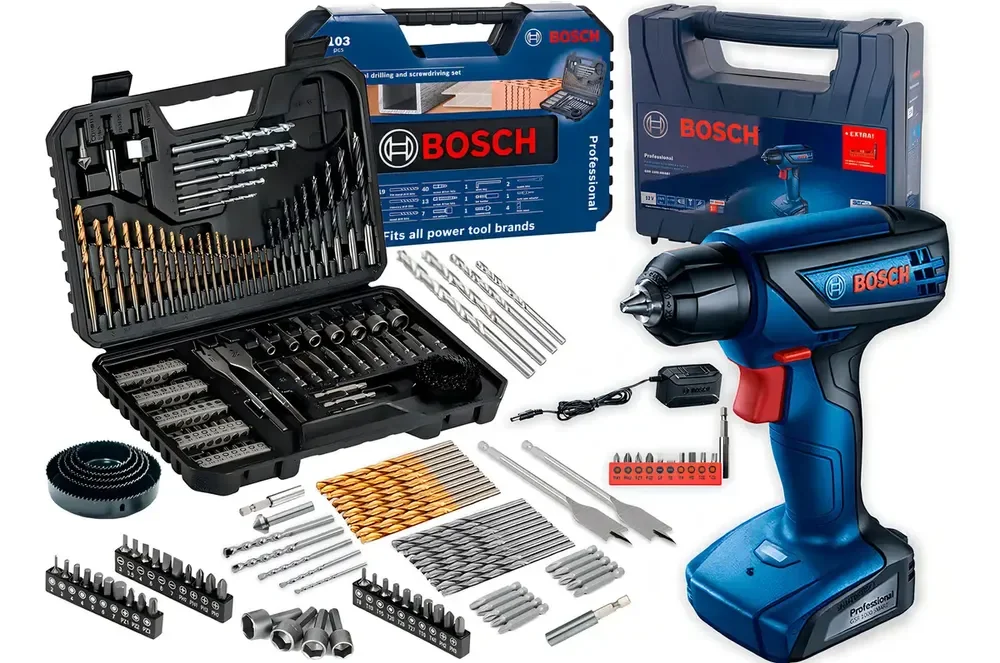 Furadeira Parafusadeira Sem Fio De 6mm Bosch Gsr 1000 Smart C/ Maleta + Jogo Kit Pontas Brocas 103 Peças Bosch