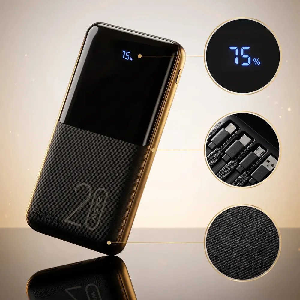 Power Bank Davely 20000mAh Turbo com 4 Cabos Integrados e Display de Bateria