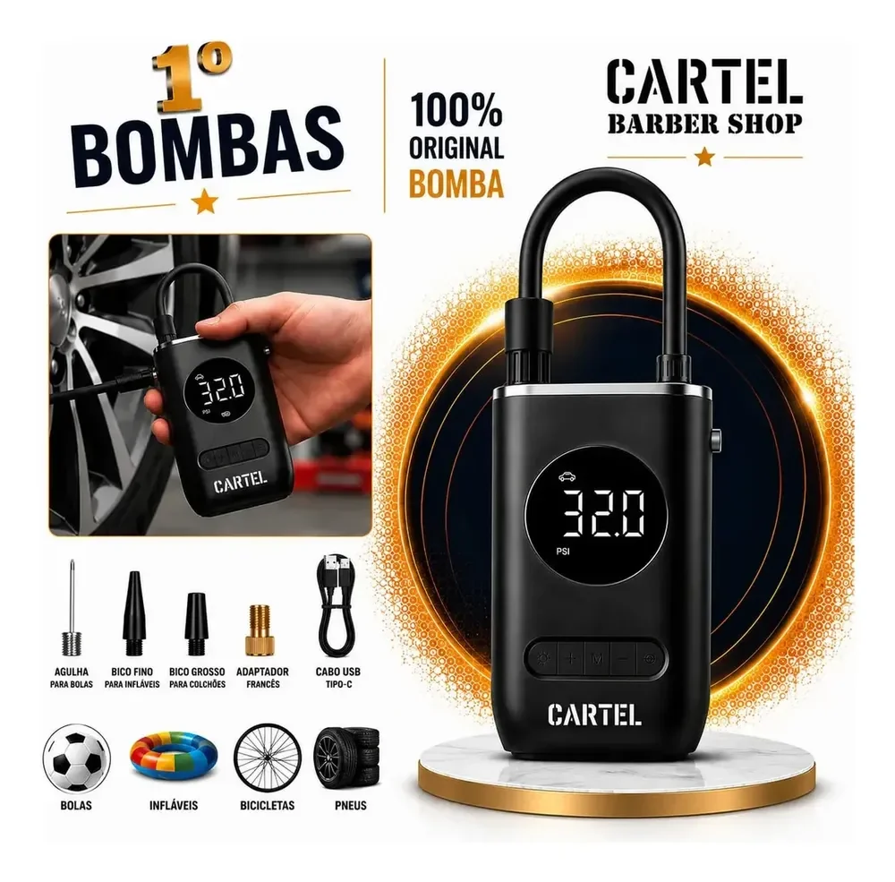 Mini Compressor Digital Portátil Cartel Barber Shop para Carro Moto e Bicicleta com Calibrador Digital Inflador Elétrico de Pneus 12V Display LCD Lanterna LED Compacto e Recarregável Preto