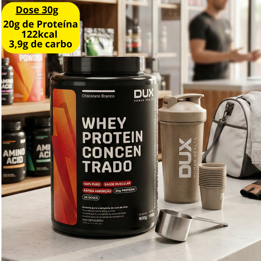 Whey Protein Concentrado Chocolate Branco Pote 900g – Contribui para o Ganho Muscular Hipertrofia – Dux Human Health