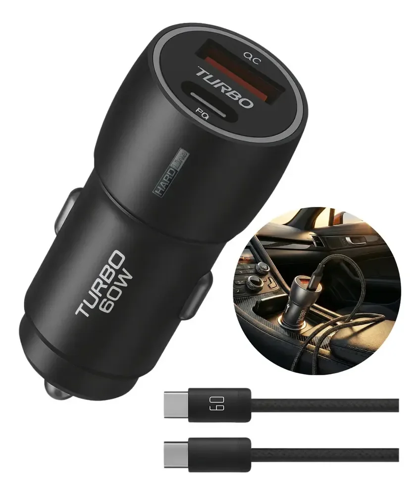 Kit Carregador Veicular Hardline 60W USB-A e USB-C com Cabo para Carro