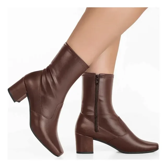 Bota Branca Feminina Stretch Bico Quadrado Salto Grosso