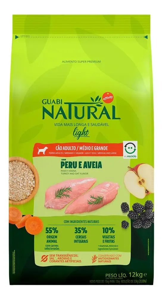 Ração Seca Cão Adulto Light Guabi Natural 12kg Peru Aveia