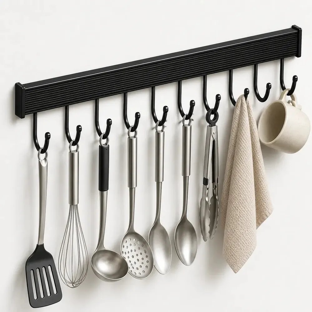 Suporte De Pendurar Cozinha Porta Talheres Utensílios Parede Adesivo Plus 60cm Grande Com 12 Ganchos Preto Marca Multi9dad3s