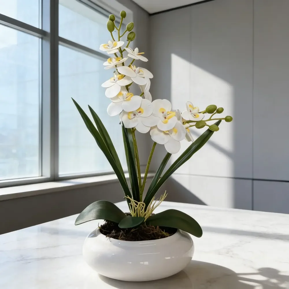 Arranjo Orquídeas Hastes Silicone  Real Em Vaso Mesa Modelo 2