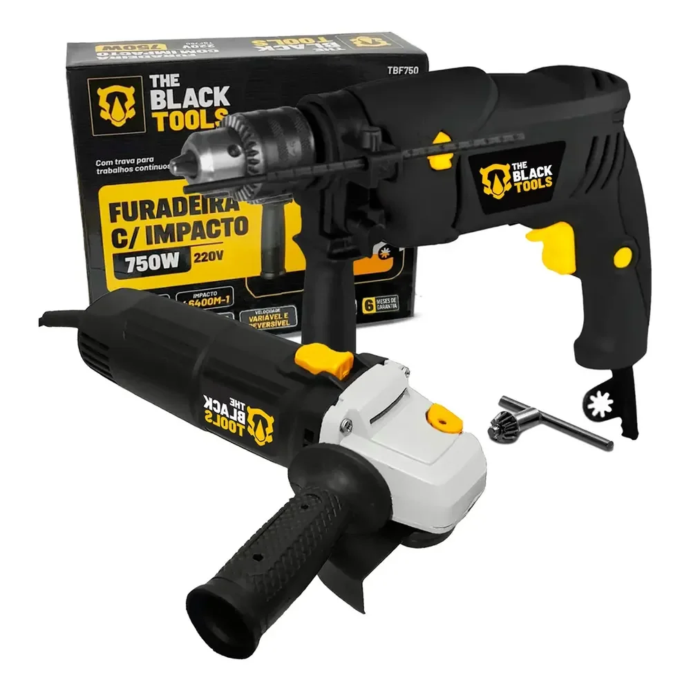 Furadeira Com Impacto 1/2" 13mm 750W 127V Cor Preto + Esmerilhadeira Lixadeira 220V 750W 11000 Rpm The Black Tools