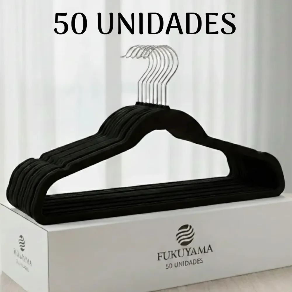 Kit 50 Cabides De Veludo Preto Fukuyama Com Gancho Giratório 360° Antideslizante Slim