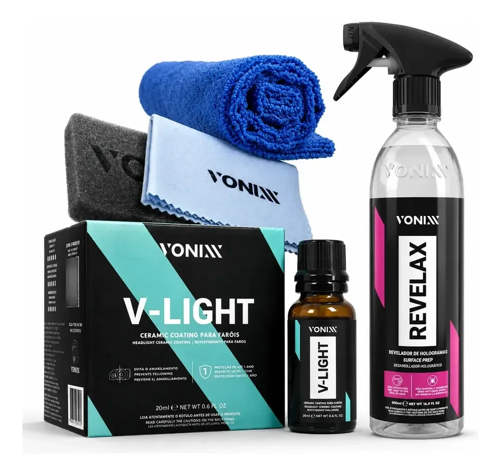 Vitrificador de Faróis Vonixx V-Light 20ml + Revelax Limpeza e Proteção