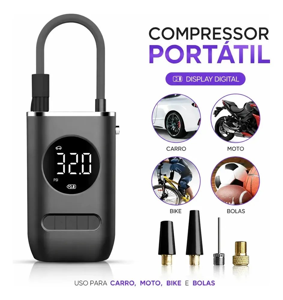 Calibrador De Ar Digital Para Pneu Portátil Compressor Usb Preto