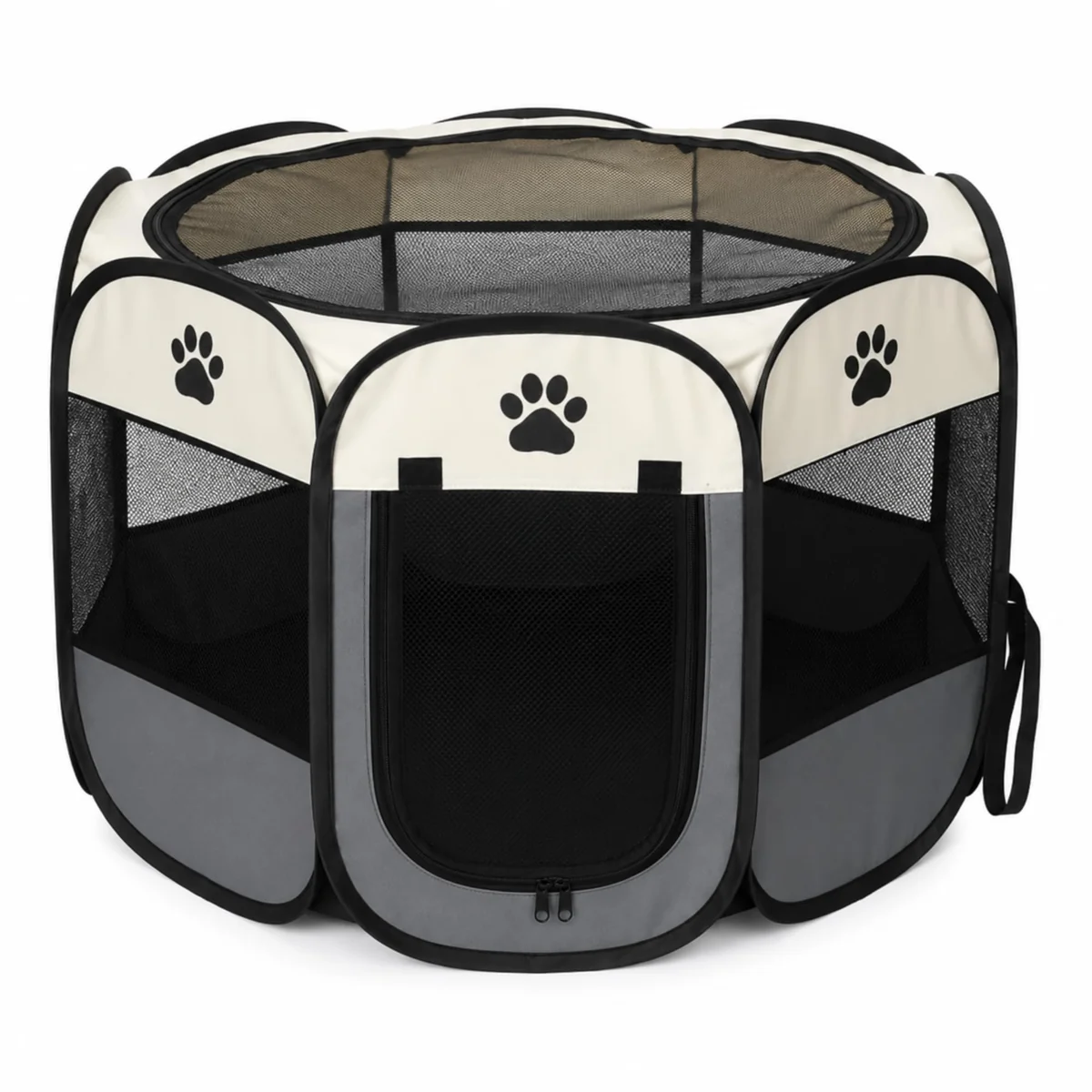 Cercado para Cachorros e Gatos Dobrável 114x114x58cm | Cercadinho Pet Portátil com Tela Respirável, Topo Removível e Porta com Zíper | Canil Desmontável para Filhotes e Viagens