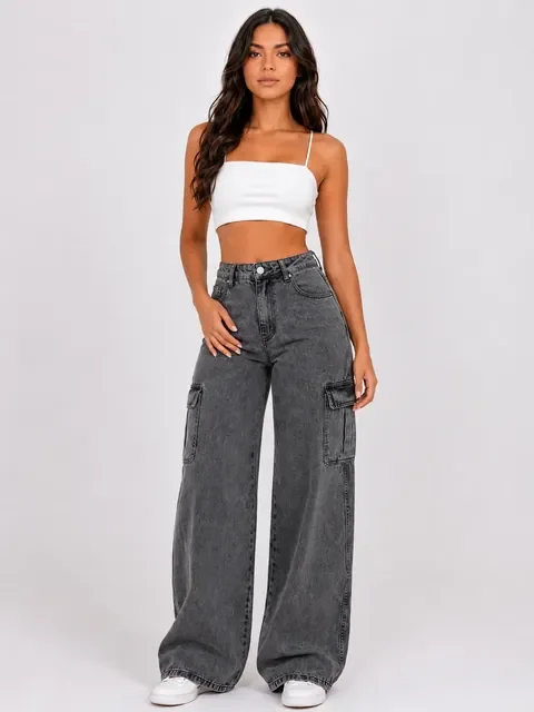 Calça Cargo Feminina Wide Leg Cintura Alta Jeans  Stillger