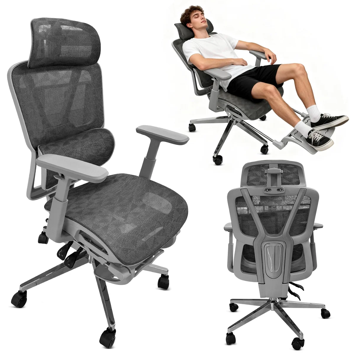 Cadeira de Escritório com Descanso para os Pés, Cadeira Ergonômica com Encosto de Cabeça 3D, Cadeira Gamer com Encosto Ajustável e Apoio de Braço 4D, Cadeira Mesh, Cinza Textura triangular