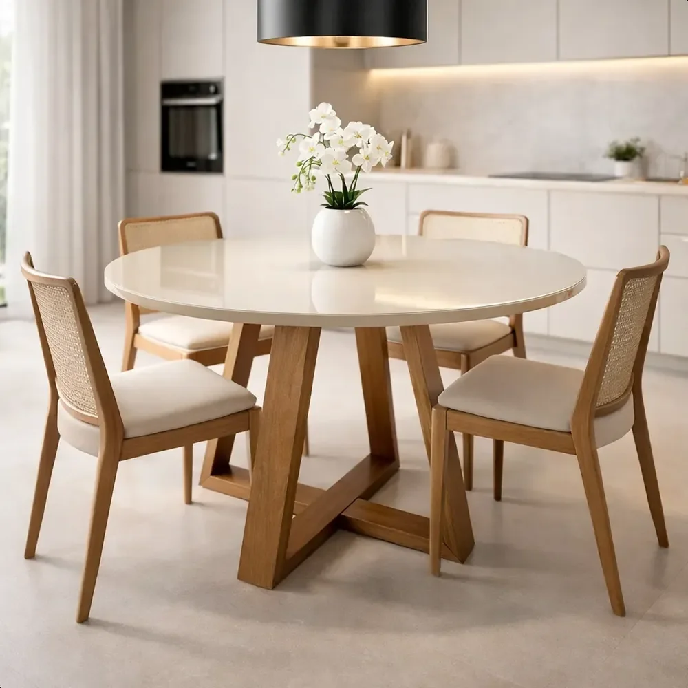 Mesa Sala De Jantar Redonda Rt Mobilia 4 Lugares 1 Metro Off White Marrom-claro