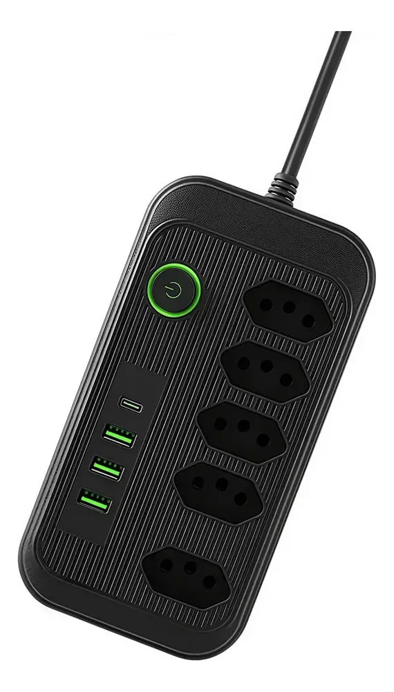Extensão 5 Tomadas E 3 Usb 1 Pd Led Bivolt Power 110v/220v Preto 127/220v