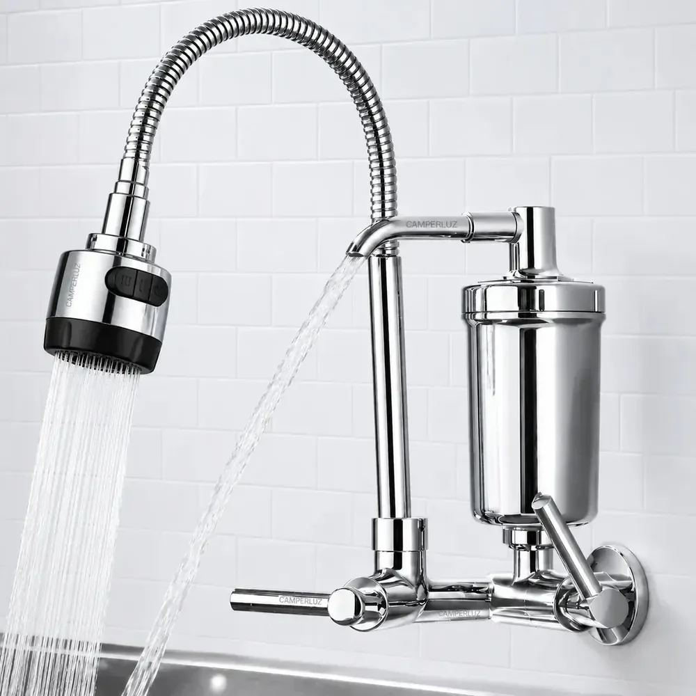 Torneira Gourmet Luxo Com Filtro Puficador Flexível Cozinha Parede 2 Jatos Cor Cromada - Marca Camperluz