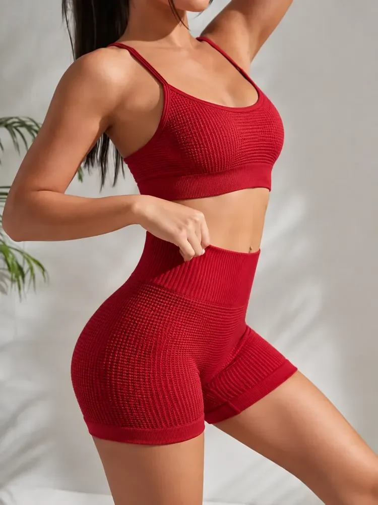 Conjunto Feminino Academia Top E Shorts Poliamida Demillus Carmim Microfibra De Poliamida Sem Costura Veste P E M Toque Gelado , Secagem Rápida