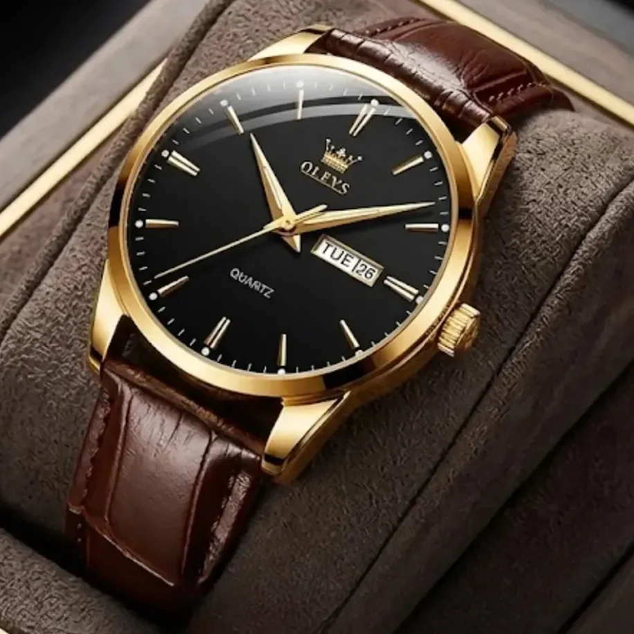 Relógio Social Masculino A Prova D'água Couro Olevs Luxo Marrom Dourado Preto