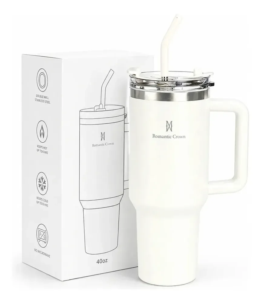 Copo Térmico Gigante 1,2l Inox Com Tampa E Inox Canudo Cor Branco Cor Pura / Material Fosco
