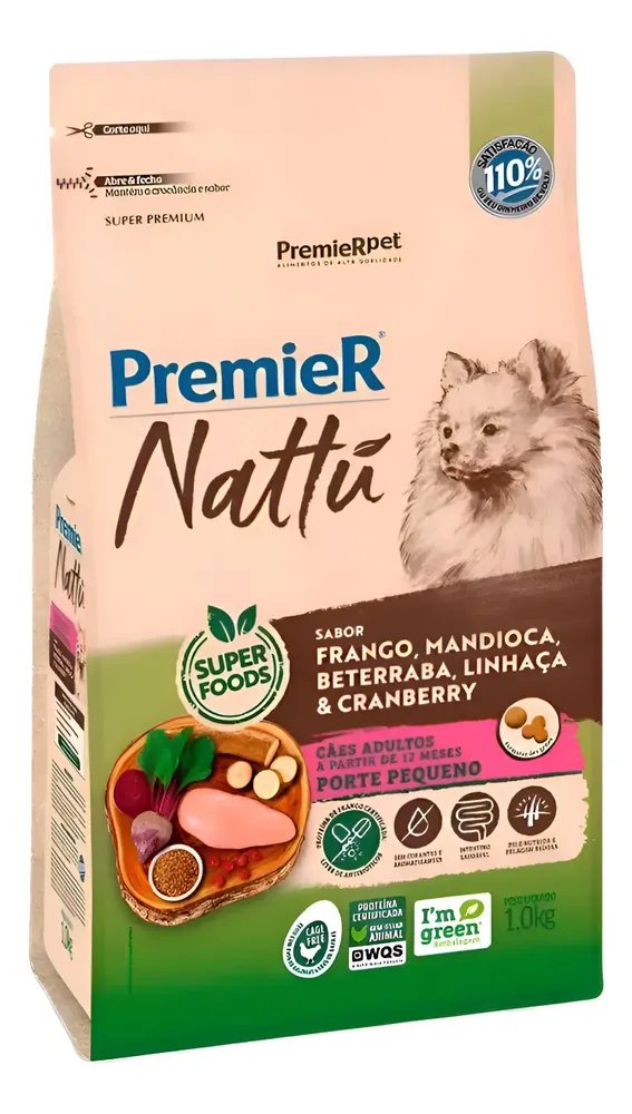 Ração Premier Nattu Cães Adultos Raças Pequena Mandioca 1kg