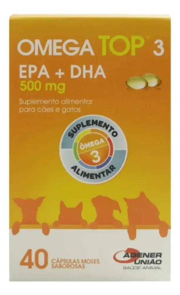 Omega Top 3 C/ 40 Cáp. Moles Saborosas 500mg P/ Cães E Gatos