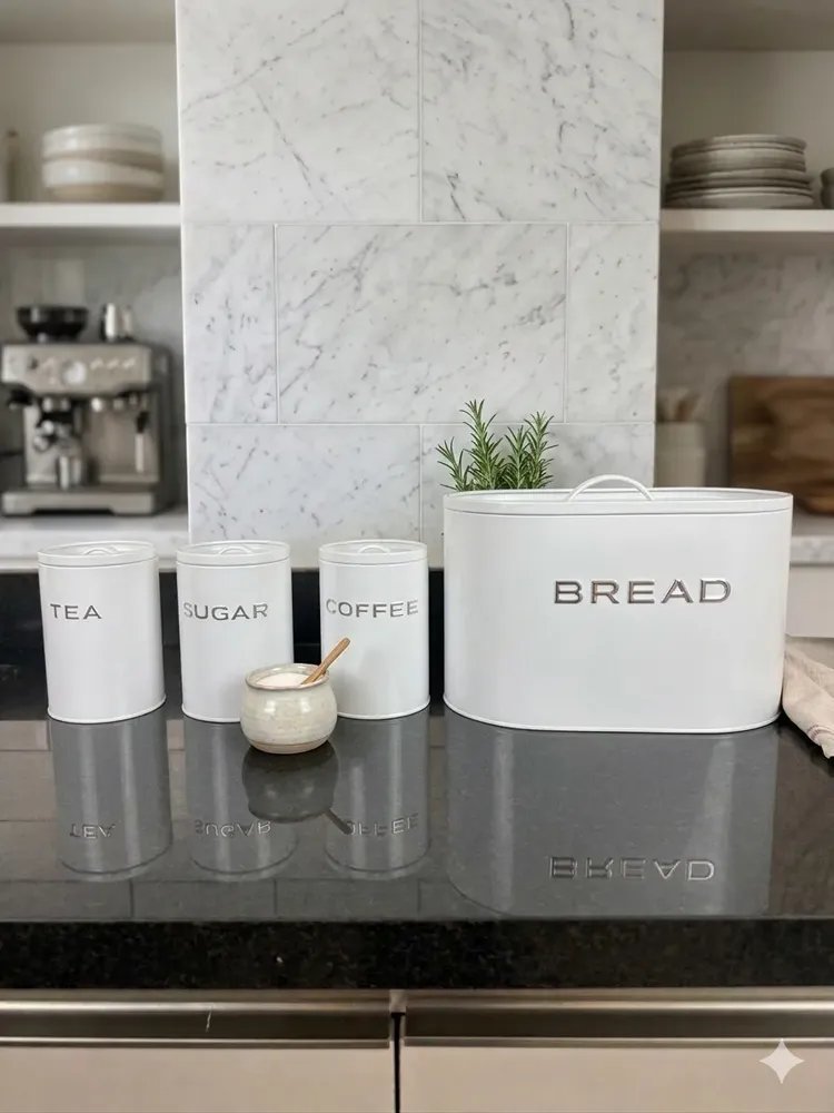 Kit Porta Mantimentos E Pão Branco Retrô 4 Peças Cozinha Branco Lisa